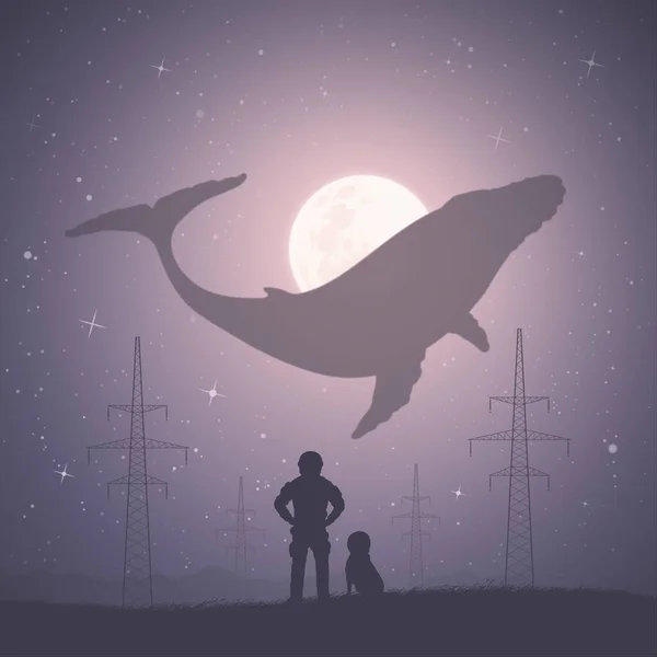 Astronaut Und Hund Fliegender Wal Mondlicht Fantastisches Tier Sci — Stockvektor