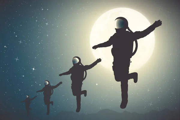 Команда Астронавтов Четыре Человека Космических Костюмах Силуэт Летящего Космонавта — стоковый вектор