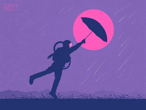 Astronaut Rainy Weather Man Umbrella Cosmonaut Silhouette — Stock Vector