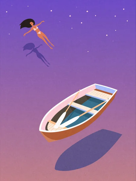 女の子は水の上に横たわっている 湖にボート 自然の中で休もう 夜の水泳 — ストックベクタ