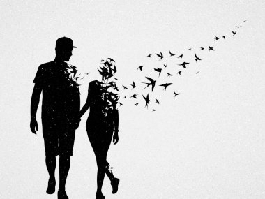 Aşıklar silueti. Sevdiğin birini kaybetmek. Ölüm ve ölümden sonraki yaşam. Uçan kuşlar