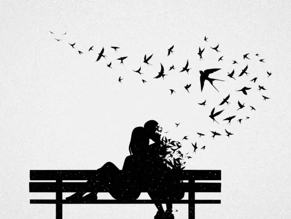 ベンチで愛するカップル 死と死後の世界 飛ぶ鳥のシルエット — ストックベクタ