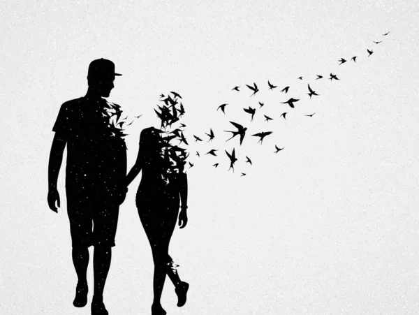 Silhouette Amoureux Perte Être Cher Mort Delà Oiseaux Volant — Image vectorielle