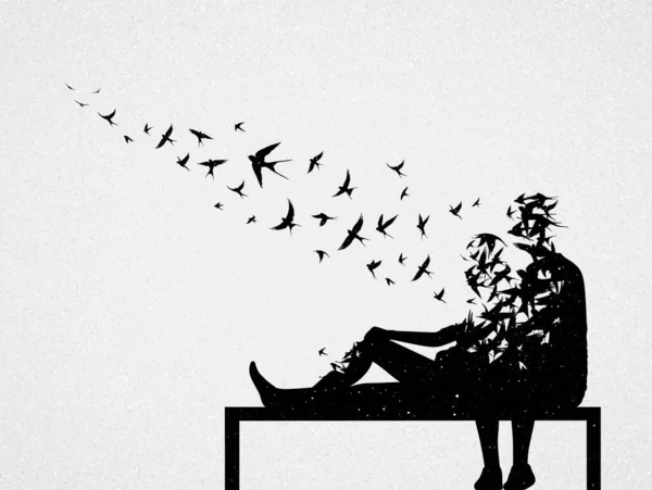 Любовная Пара Скамейке Запасных Смерть Загробная Жизнь Силуэт Летающих Птиц — стоковый вектор