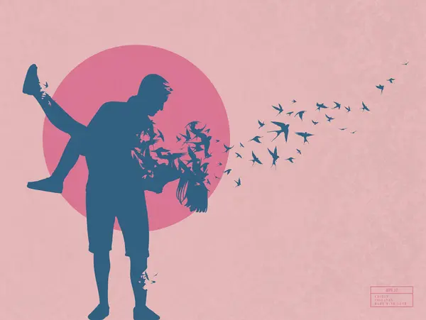 恋人のカップル シルエット 死後の世界 飛ぶ鳥の群れ — ストックベクタ