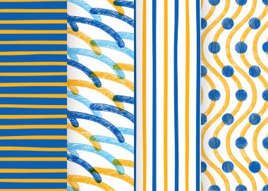 Geometrik şablon vektörü ayarlandı. Doğrusal el yazması sarı mavi süsleme