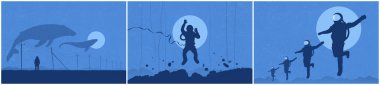 Flying cosmonaut team. Sci Fi. Astronaut and whale. Blue full moon clipart