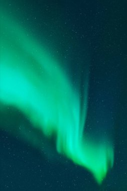 Parlak yeşil aurora borealis. Gece yıldızlı gökyüzü ve kuzey ışıkları