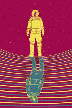 Astronaut in space. Cosmonaut abstract retro poster. Man in spacesuit clipart