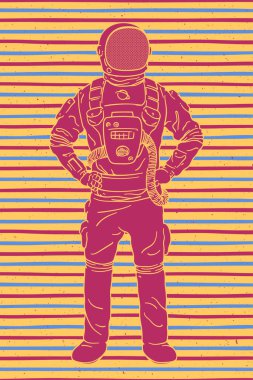 Uzayda bir astronot. Kozmonot soyut retro posteri. Uzay kıyafetli adam.