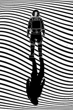 Astronaut in spacesuit. Graphic black white sci-fi poster with lines clipart