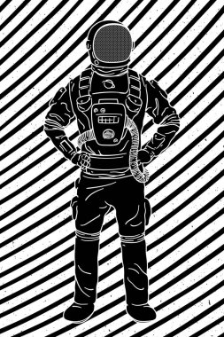 Astronaut in spacesuit. Graphic black white sci-fi poster with lines clipart