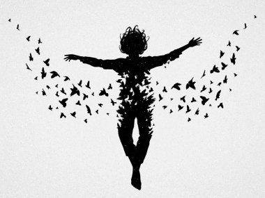 Uçan adam. Cennete yükseliş, meleğim. Ölüm, ölümden sonra yaşam. Uçan kuşlar