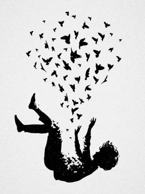 Yalnız düşen adam. Bunalımlı biri. Ölüm ve ölümden sonraki yaşam. Uçan kuş