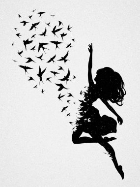 Uçan kadın. Cennete yükseliş, meleğim. Ölümden sonra. Uçan kuş sürüsü