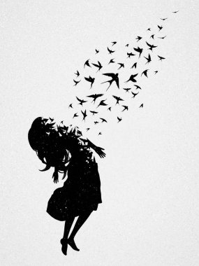 Cennete yükseliş, meleğim. Uçan kadın. Ölümden sonra. Uçan kuş sürüsü