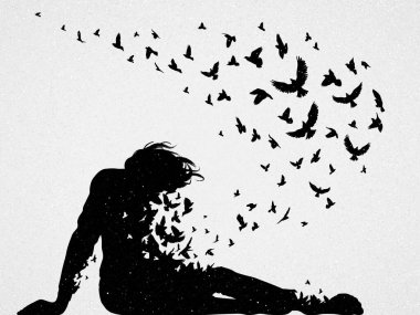 Yalnız oturan adam. Bunalımlı biri. Ölüm ve ölümden sonraki yaşam. Uçan kuş