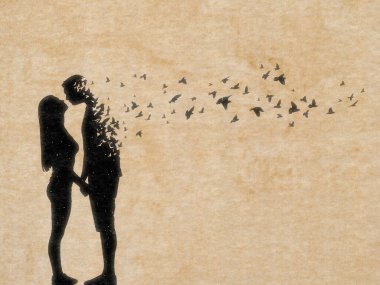 Aşıklar silueti. Sevdiğin birini kaybetmek. Ölüm ve ölümden sonraki yaşam. Uçan kuş