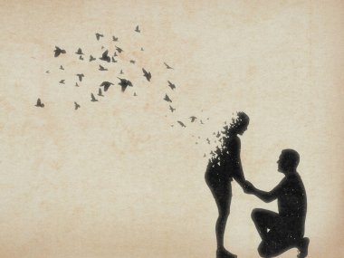 Aşıklar silueti. Sevdiğin birini kaybetmek. Uçan kuşlar. Ölüm, ölümden sonra yaşam