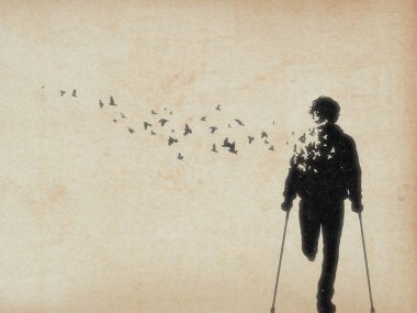 Koltuk değnekli adam. Ölüm ve ölümden sonraki yaşam. Uçan kuş. Soyut siluet