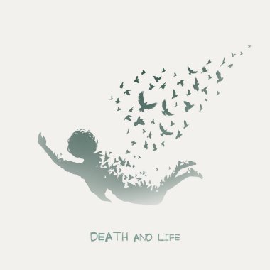 Lonely falling man. Death, afterlife. Flying bird. Isolated silhouette