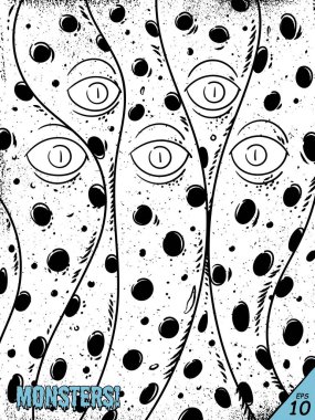 Monster face. Creepy mutant creature. Horror character, coloring page clipart