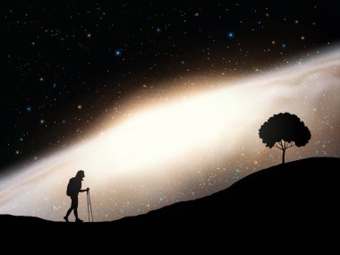 Kadın ve ağaç dağın tepesinde. Galaksiyle soyut gece manzarası
