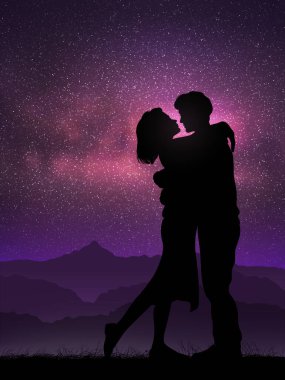 Çift siluetine sarılmak. Dağlarda balayı. Romantik gece gökyüzü