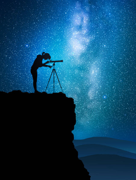 Woman and telescope on rock. Astronomer at work. Milky Way, starry sky