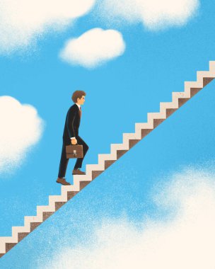 Takım elbiseli adam tırmanıyor. Cennete giden merdivenler, hedefe giden yol. Başarı konsepti