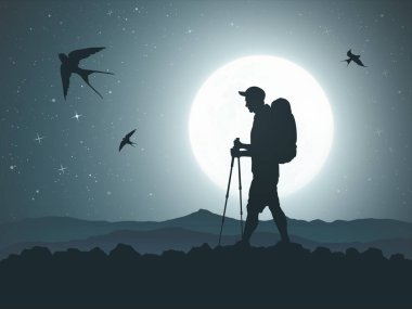 İnsan dağda yürür. Yürüyüş direkleri ile yürüyüş. Yıldızlı gökyüzündeki kuşlar