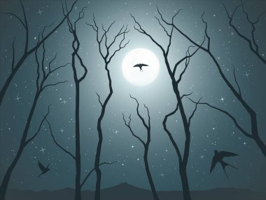 Ağaçlar ve kuşlar siluetleri. Aptal ay ve yıldızlarla dolu gece manzarası