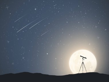 Teleskop tripoda. Dağlarda yıldızları seyretmek. Yıldızlı gökyüzünde dolunay