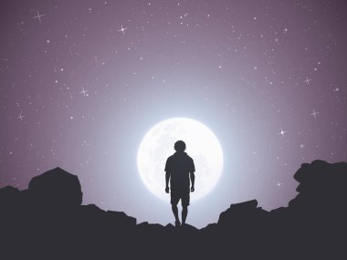 Dağlarda insan silueti. Geceleri kanyonda dolaşmak. Gökyüzünde dolunay