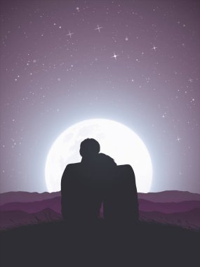 Aşıklar dağın tepesinde oturuyor. Balayı. Gece gökyüzünde dolunay