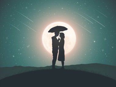 Şemsiyeli aşıklar. Birkaç siluet. Kayan yıldız, ay ışığı gecesi