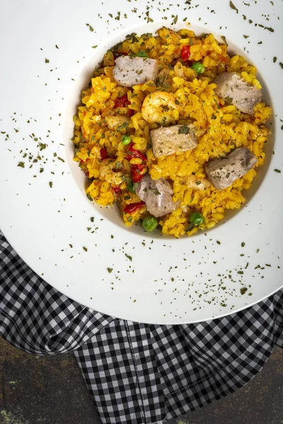 Homemade Paella Rice Tuna Prawns Typical Spanish Food Flat Lay — Stock Photo, Image