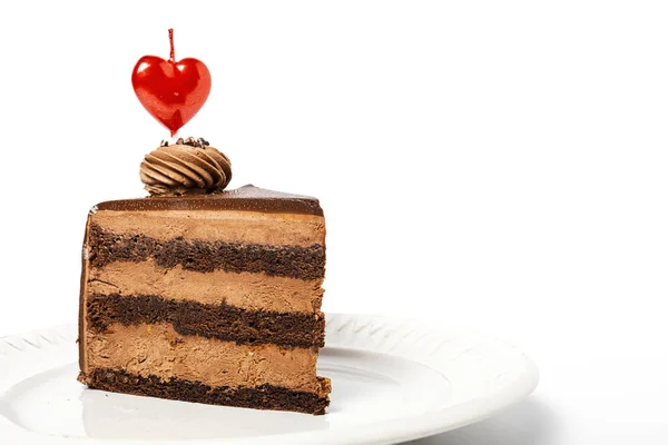 Background Chocolate Cake Heart Candle Valentine Day White Background Isolated — Fotografia de Stock