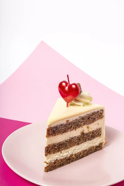 Background Carrot Cake Heart Candle Valentine Day Magenta Pink Background — Fotografia de Stock
