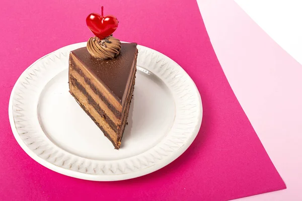 Background Chocolate Cake Heart Candle Valentine Day Magenta Pink Background — Fotografia de Stock