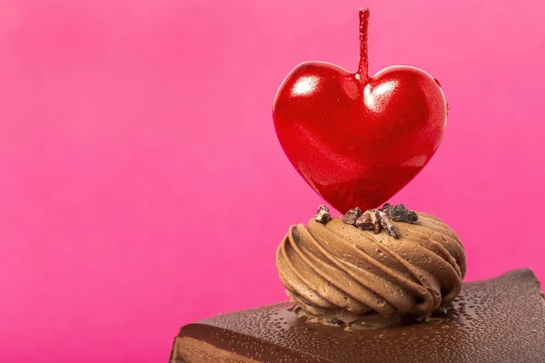 Background Chocolate Cake Heart Candle Valentine Day Magenta Pink Background Stok Foto