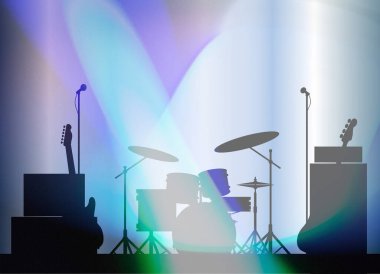 Sahnede sahne ışıkları altında bir rock grubunun silueti var.