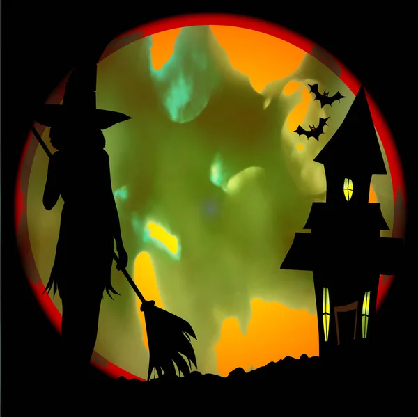 Eirie Halloween Jelenet Holddal Boszorkányokkal Ház Sötét Felett — Stock Fotó