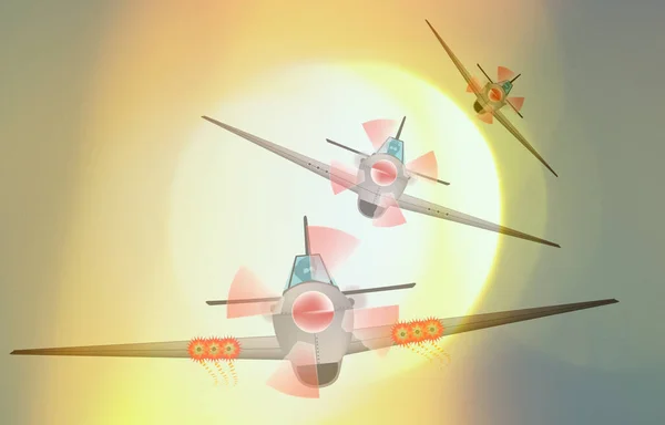 第二次世界大戦のスタイルの戦闘機のトリオは太陽から飛び立つ — ストック写真