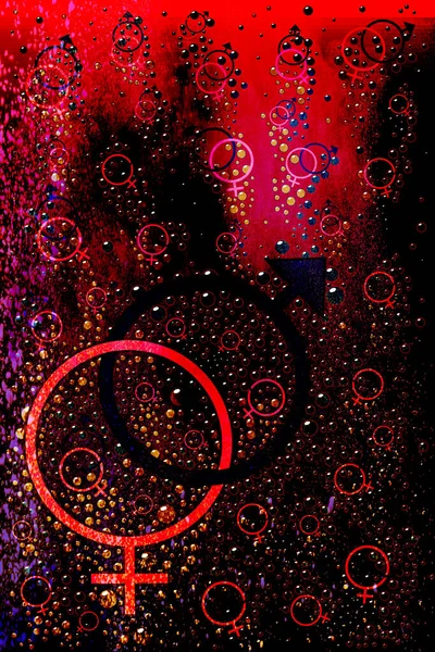 在深红色的背景下 水底起泡的男女符号 — 图库照片