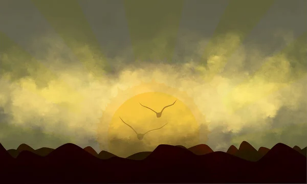 鳥のいる岩場の前景を持つ夕日 — ストック写真