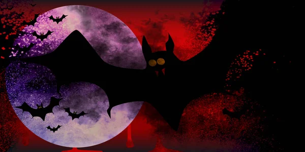 Murciélagos Vampiros Volando Formación Través Luna Llena Contra Una Sangre — Foto de Stock