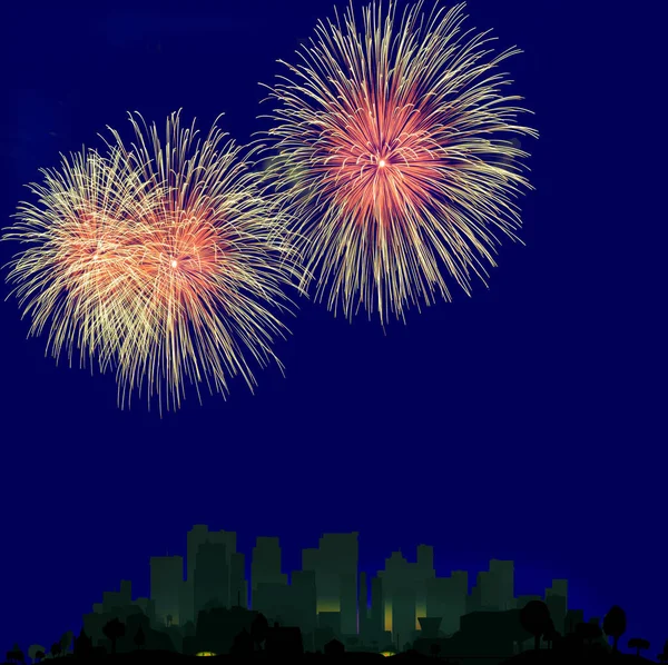 Fuochi Artificio Sky Rocket Esplodono Una Città Oscura Notte Notte — Foto Stock