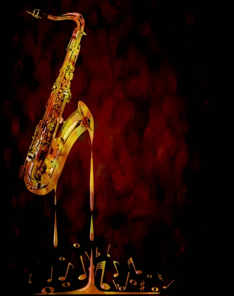 Een Saxofoon Smeltend Muzikale Noten Een Rode Achtergrond — Stockfoto