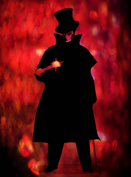 Una Silueta Jack Destripador Con Cuchillo Sobre Fondo Rojo Oscuro — Foto de Stock
